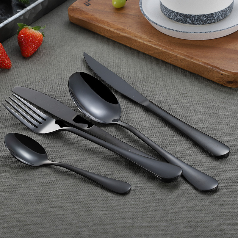 Bulk Black Stainless Steel Cutlery Salad Spoon And Fork Shiny Black Serving Flatware Set Wedding