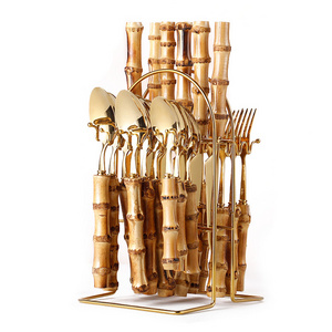 Luxury Gold Bamboo Handle Stainless Steel 24 Pieces Cutlery Set With Stand Holder