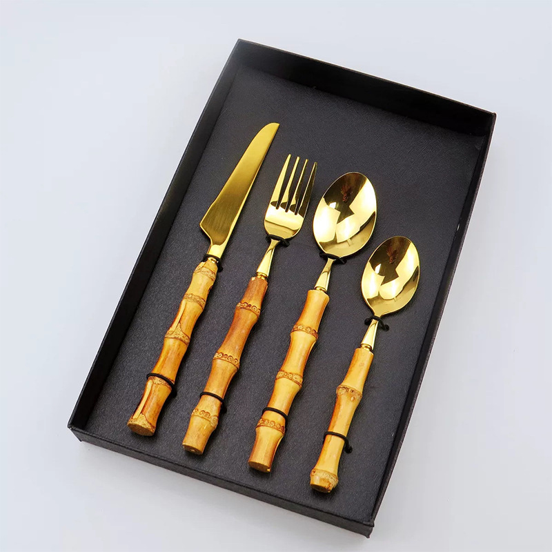 Luxury Gold Bamboo Handle Stainless Steel 24 Pieces Cutlery Set With Stand Holder