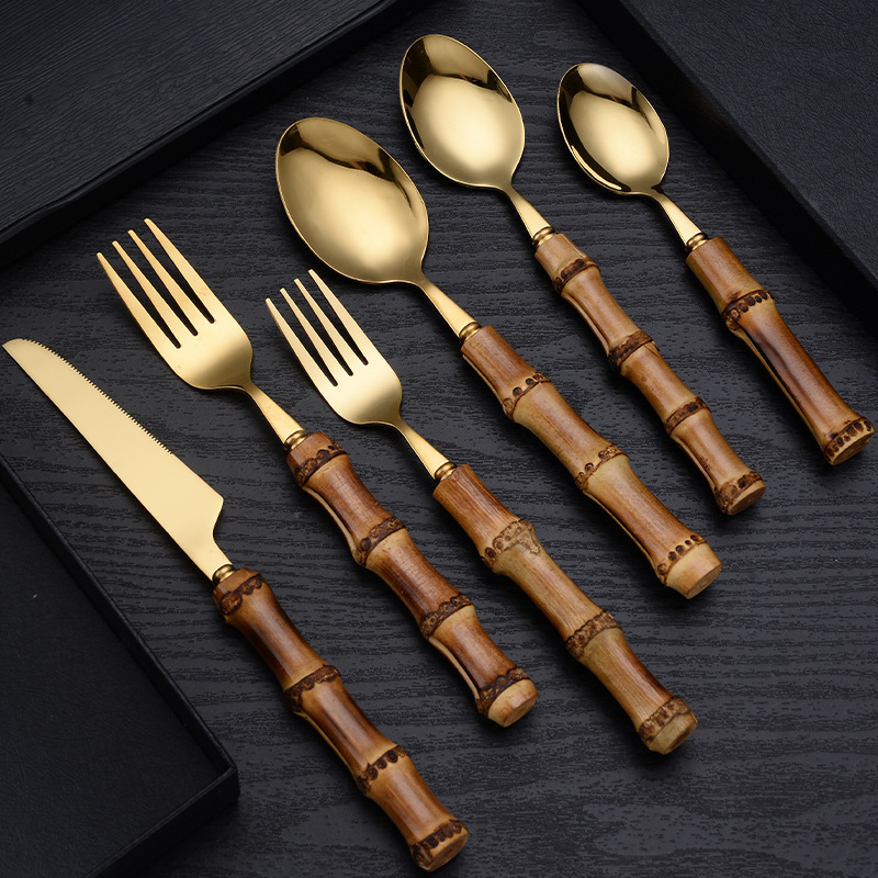 Luxury Gold Bamboo Handle Stainless Steel 24 Pieces Cutlery Set With Stand Holder