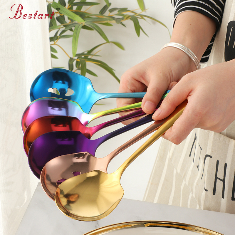 High Quality Colorful Slotted Service Spoons Set Stainless Steel Large Serving Spoon For Buffet Restaurant