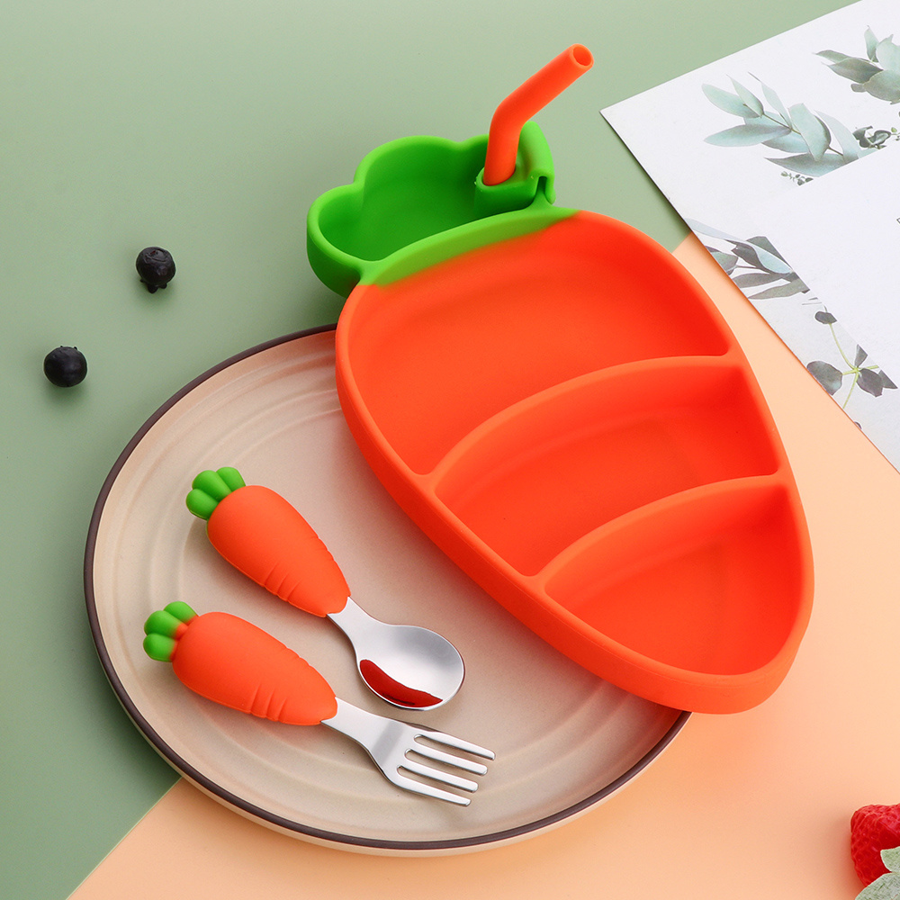 Baby Silicone Tableware Feeding Set Baby Plate Spoon  Fork And Straw High Quality Silicone Tableware for Children