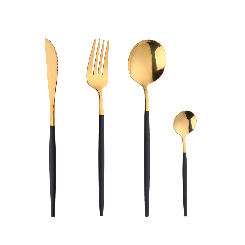 4pcs Stainless Steel Wedding Golden Bulk Flatware and Silverware Knife Fork Spoon Black Gold Cutlery Set