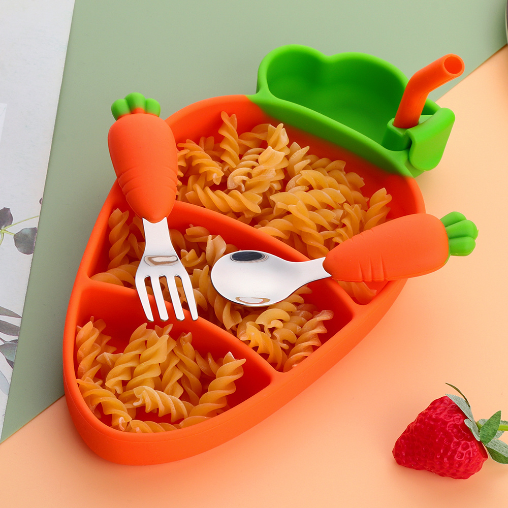 Baby Silicone Tableware Feeding Set Baby Plate Spoon  Fork And Straw High Quality Silicone Tableware for Children