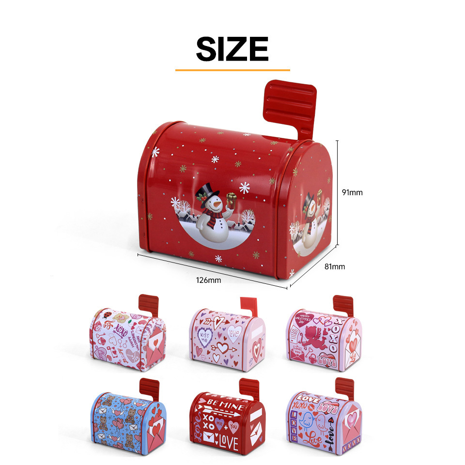 JYB OEM Christmas Gift Tin Can Mailbox Letter Shape pink/red full color printed Tin Box For Candy Chocolate Biscuits Packaging