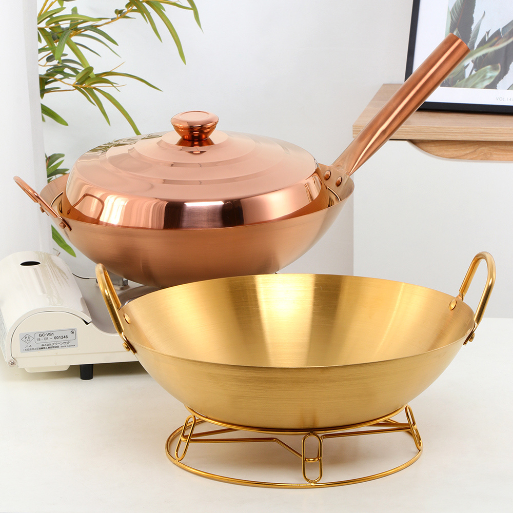 Wok Cooking Wok Multiple Use Stainless Steel Matte Gold Wok with Metal Lid