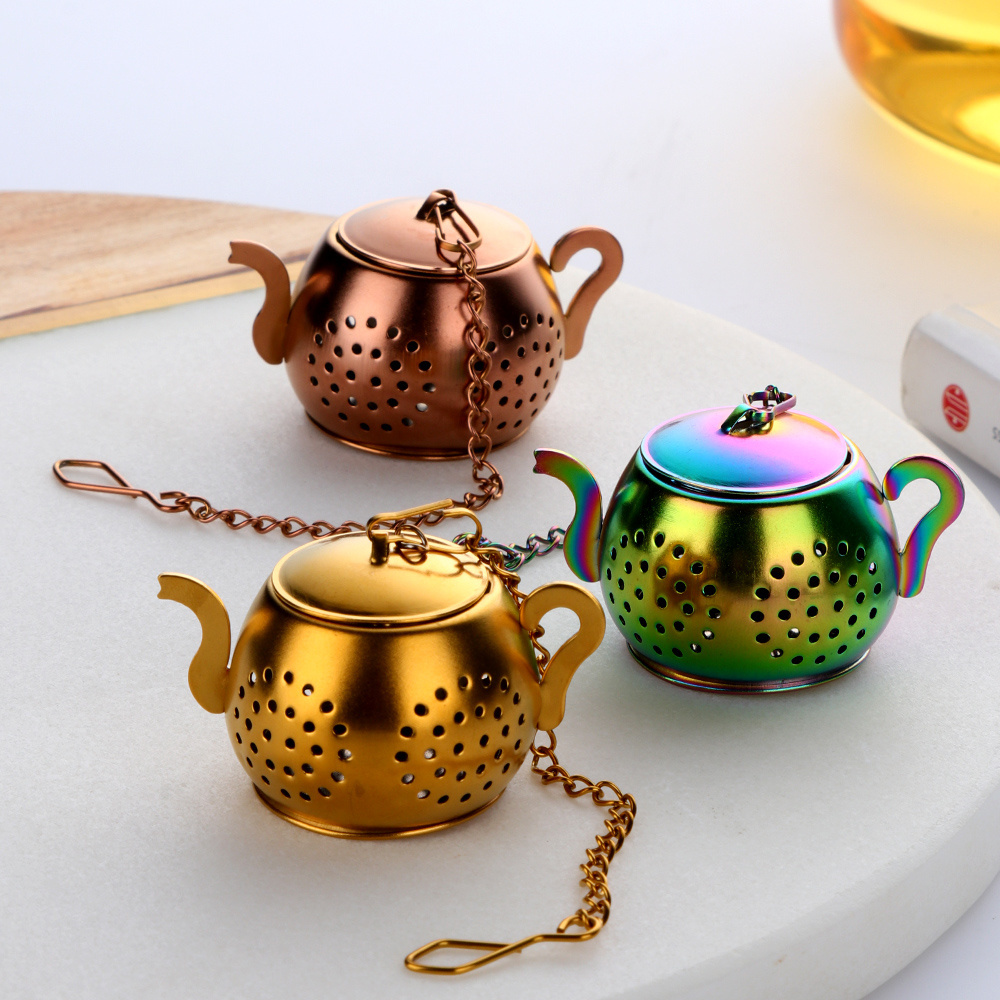 Teapot Shaped Golden Copper Titanium Plated Tea Filter Stainless Steel Infuser for Tea