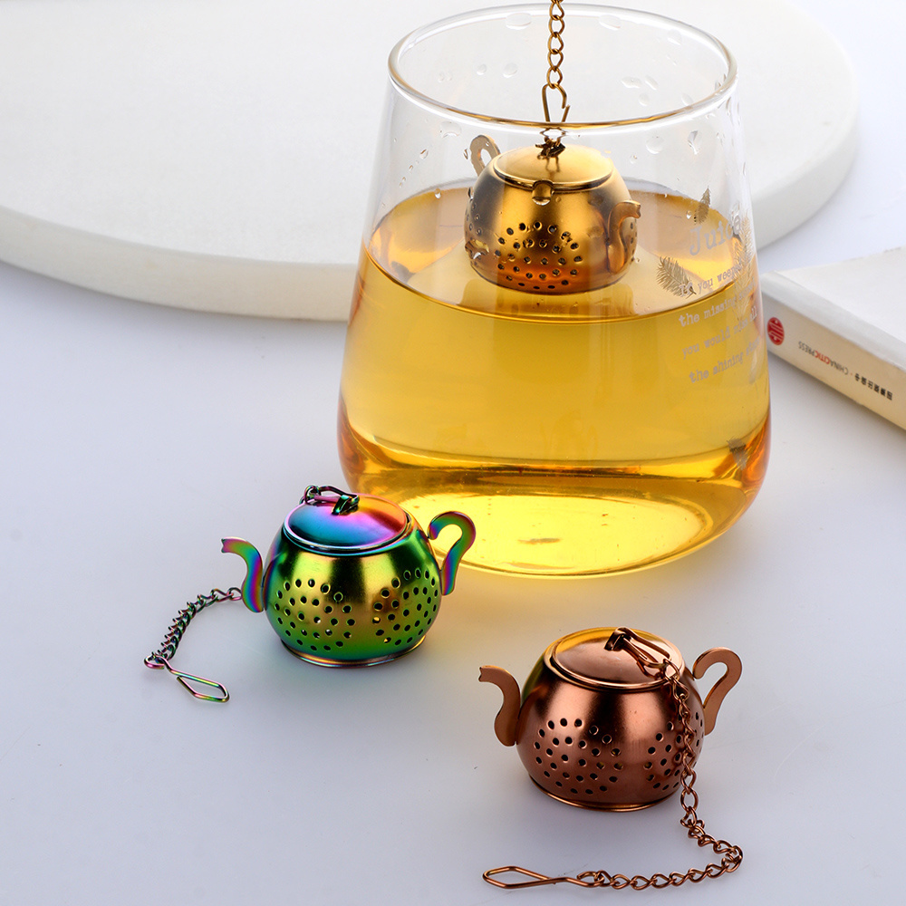 Teapot Shaped Golden Copper Titanium Plated Tea Filter Stainless Steel Infuser for Tea