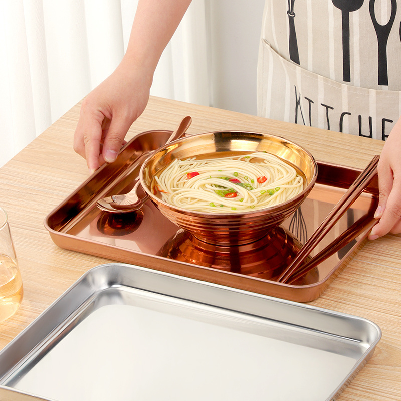 Wholesale Custom Logo Hotel Restaurant Rectangular Rose Gold Cookie Metal Food Serving Tray Stainless Steel Rolling Tray