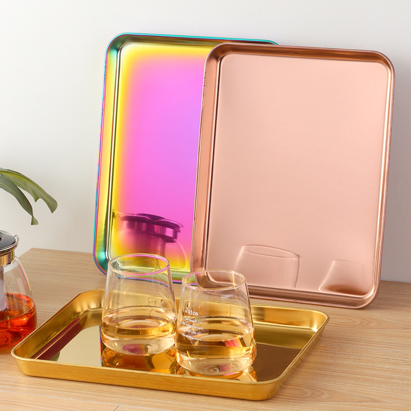 Wholesale Custom Logo Hotel Restaurant Rectangular Rose Gold Cookie Metal Food Serving Tray Stainless Steel Rolling Tray