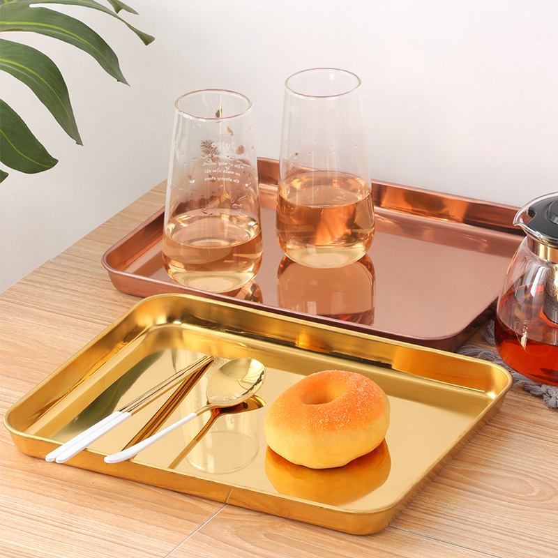 Wholesale Custom Logo Hotel Restaurant Rectangular Rose Gold Cookie Metal Food Serving Tray Stainless Steel Rolling Tray