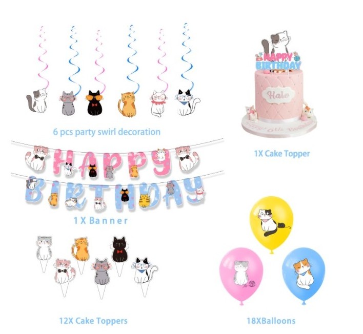 Cat themed party flag pulling cake insertion elastic hanging card balloon set birthday party decoration items