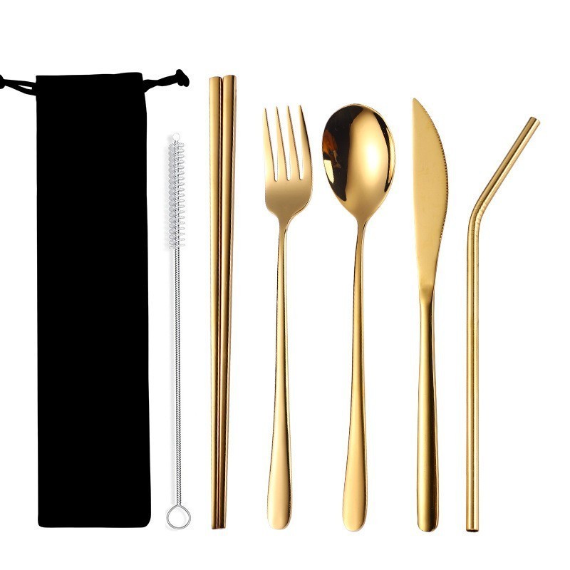 Portable  Stainless Steel 5pcs Flatware Set Gold Spoon Fork Travel Cutlery Dinnerware Set With Cloth Bag