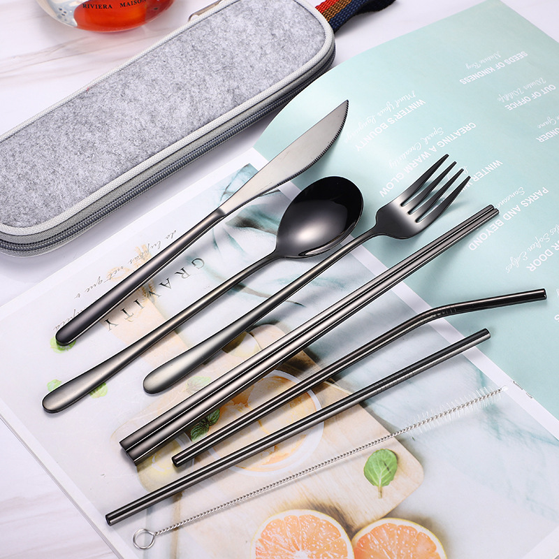 Portable  Stainless Steel 5pcs Flatware Set Gold Spoon Fork Travel Cutlery Dinnerware Set With Cloth Bag