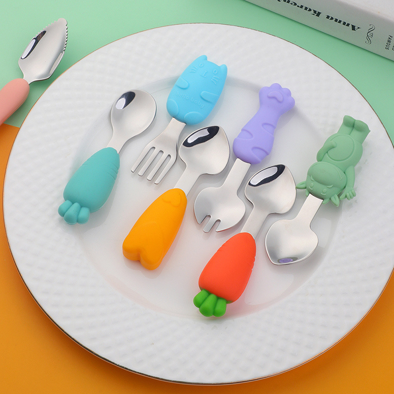 Eco-friendly Silicone Baby feeding Tableware Children Kids Spoon Fork eating training tableware set