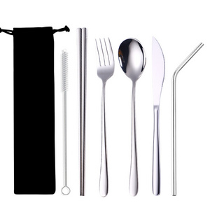 Portable  Stainless Steel 5pcs Flatware Set Gold Spoon Fork Travel Cutlery Dinnerware Set With Cloth Bag