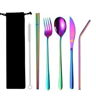 Portable  Stainless Steel 5pcs Flatware Set Gold Spoon Fork Travel Cutlery Dinnerware Set With Cloth Bag