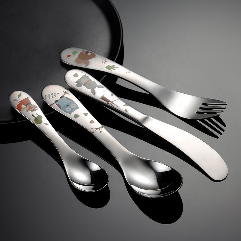 Custom colorful pattern stainless steel 304 kids cutlery knife spoon and fork high quality children baby flatware gift box set