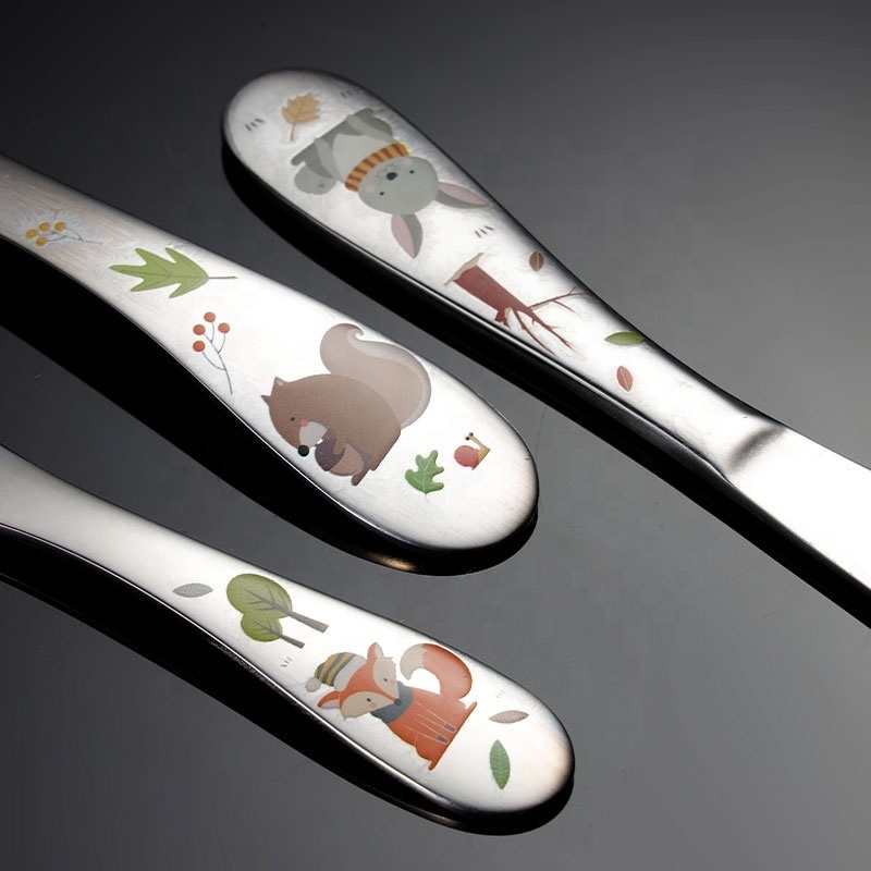 Custom colorful pattern stainless steel 304 kids cutlery knife spoon and fork high quality children baby flatware gift box set