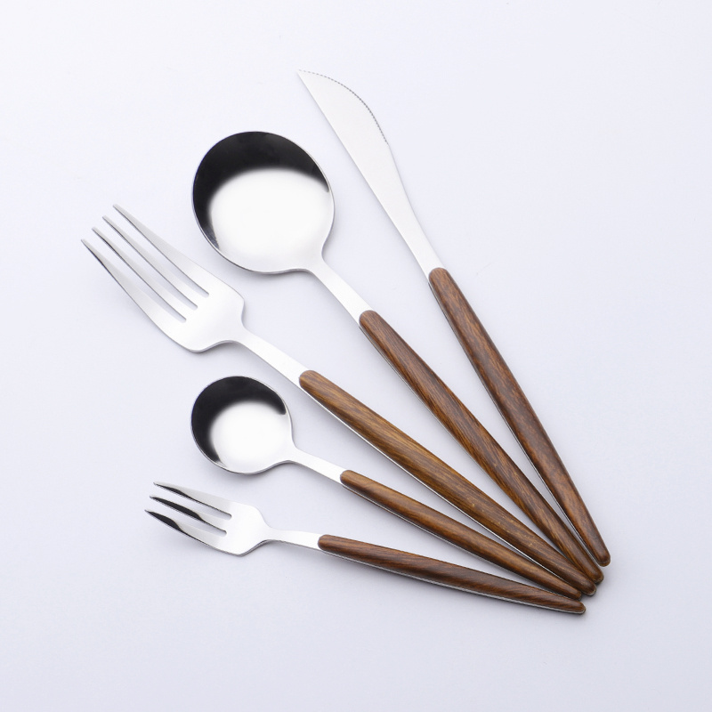 Food grade stainless steel plastic cutlery set bamboo cutlery wood handle dinner knife fork dessert spoon flatware set