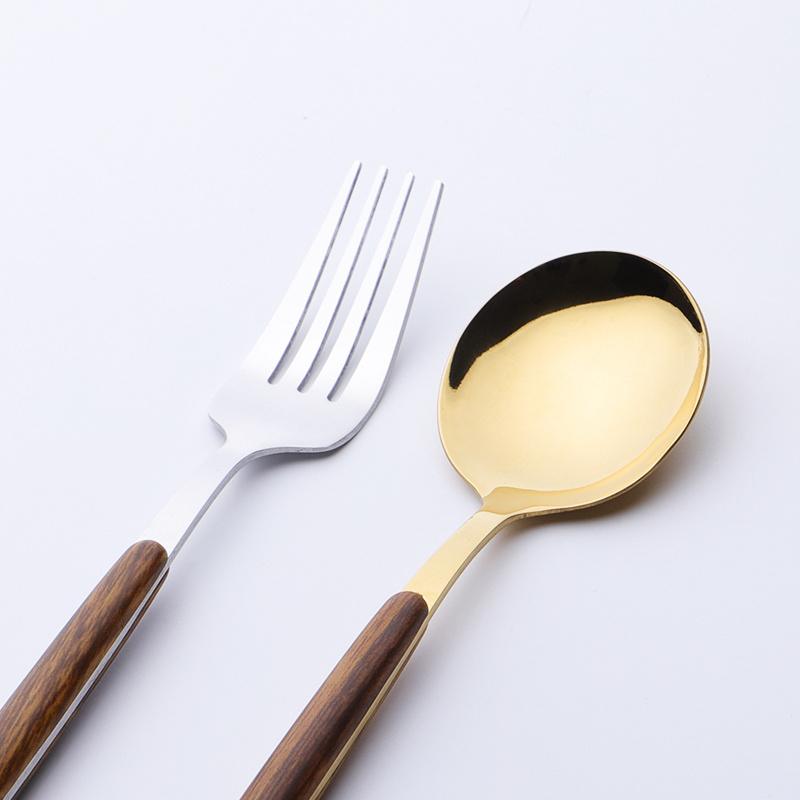 Food grade stainless steel plastic cutlery set bamboo cutlery wood handle dinner knife fork dessert spoon flatware set