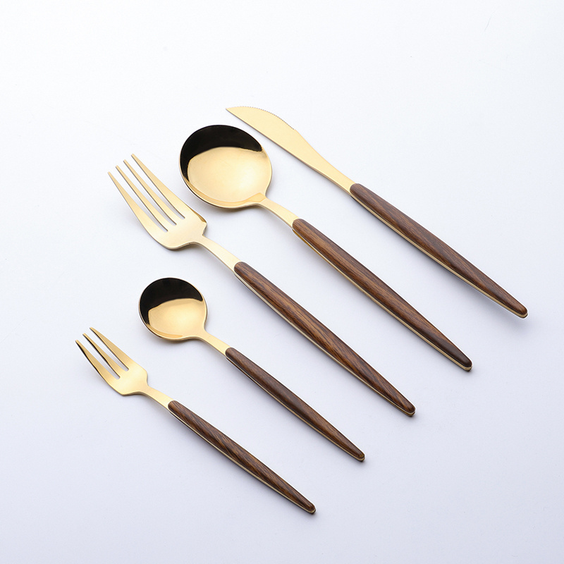 Food grade stainless steel plastic cutlery set bamboo cutlery wood handle dinner knife fork dessert spoon flatware set