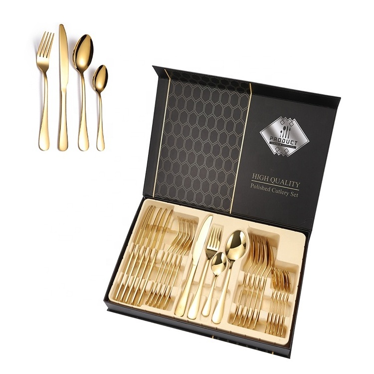 Stainless Steel  cutleri 304 Gold 24 piece Luxury Flatware Golden reusable Utensils spoon and fork 24Pcs gift box Cutlery Set