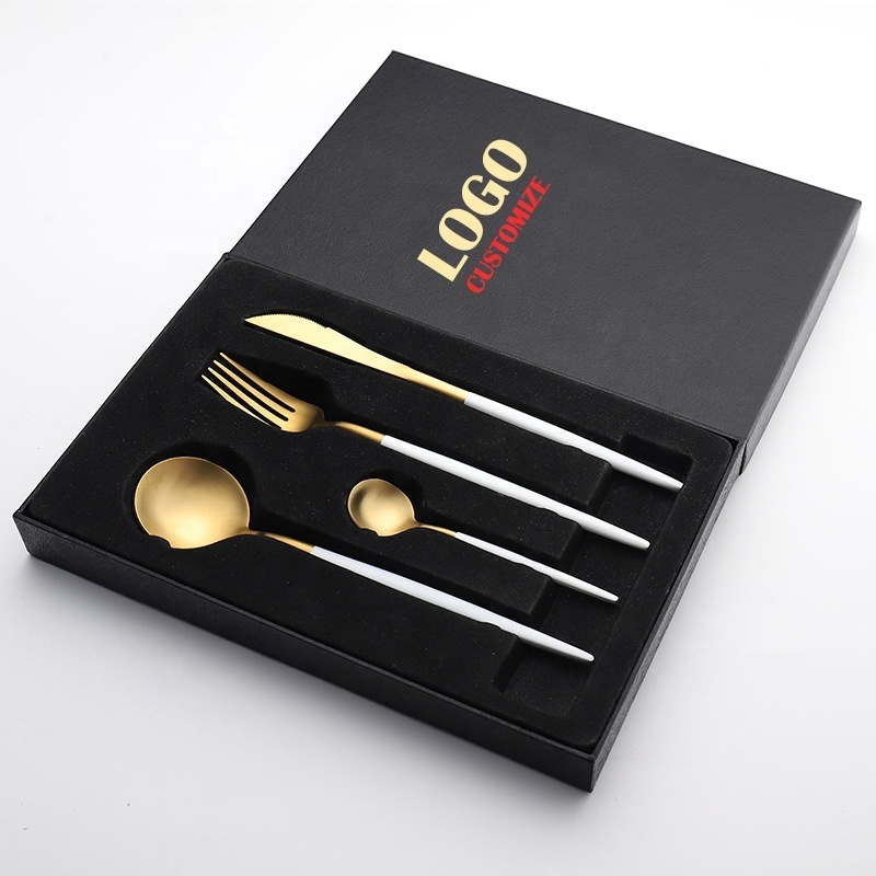 Luxury Custom logo Restaurant Dinnerware Cutlery Dinnerware Spoon Fork Knife White Gold Stainless Steel 18/10 Flatware Sets