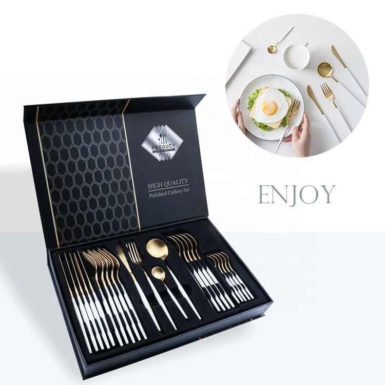 Luxury Custom logo Restaurant Dinnerware Cutlery Dinnerware Spoon Fork Knife White Gold Stainless Steel 18/10 Flatware Sets