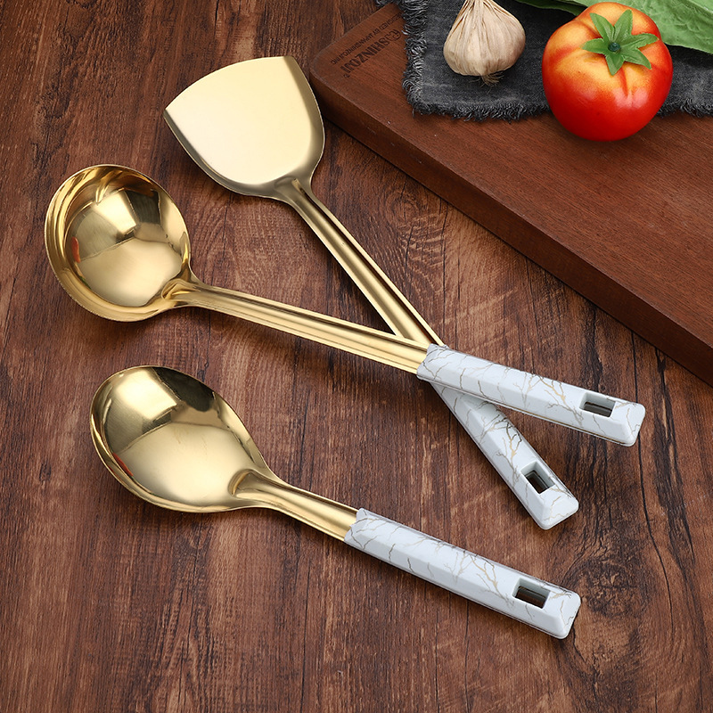 Elegant stainless steel kitchenware Household kitchen spatula frying  kitchenware Cooking Colander soup spoon 7pcs set