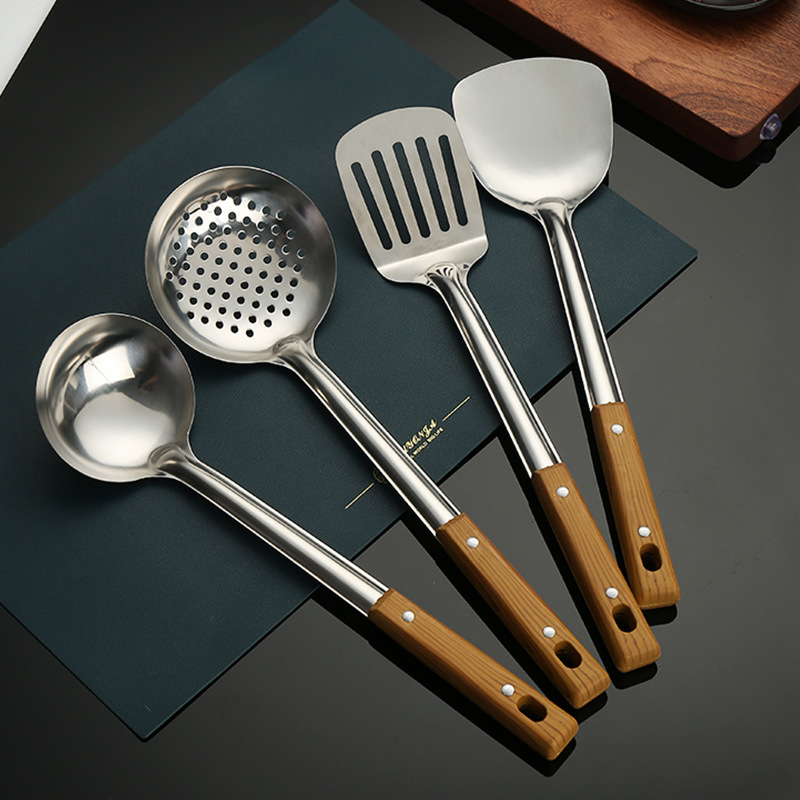 Stainless steel spatula home and kitchen colander spoon ladle wood grain handle insulation kitchenware cooking 5pcs utensil set