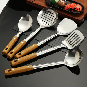 Stainless steel spatula home and kitchen colander spoon ladle wood grain handle insulation kitchenware cooking 5pcs utensil set