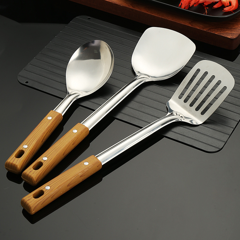 Stainless steel spatula home and kitchen colander spoon ladle wood grain handle insulation kitchenware cooking 5pcs utensil set