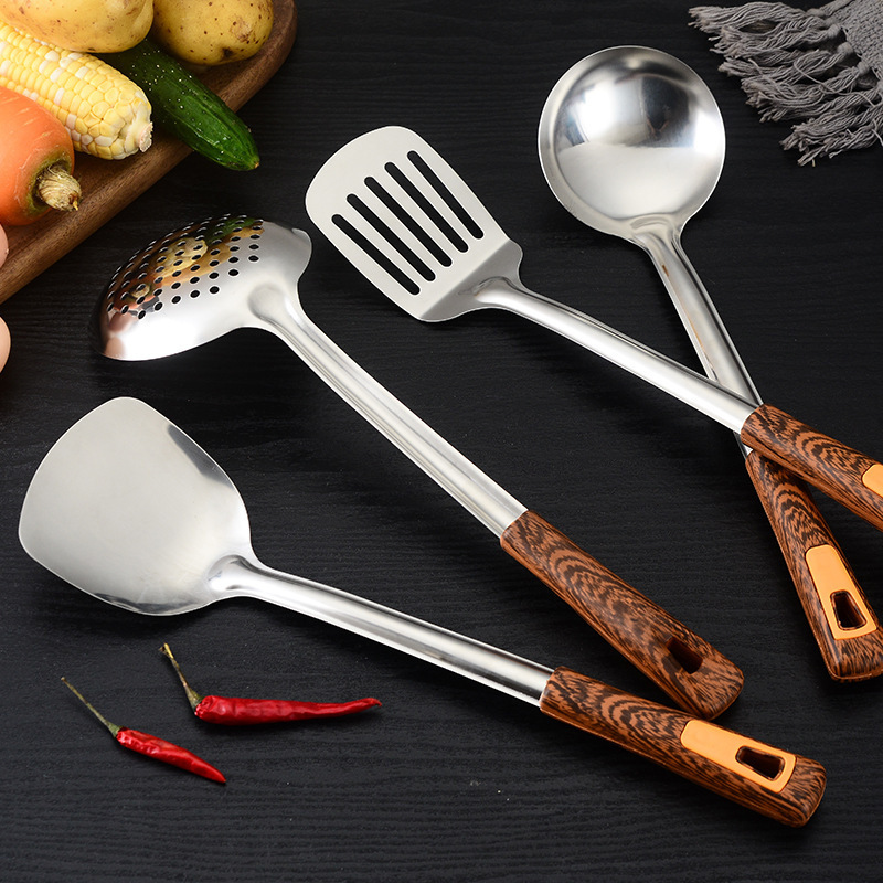 Stainless steel wooden handle spatula kitchenware set soup spoon and strainer spatula cooking set household kitchen utensils