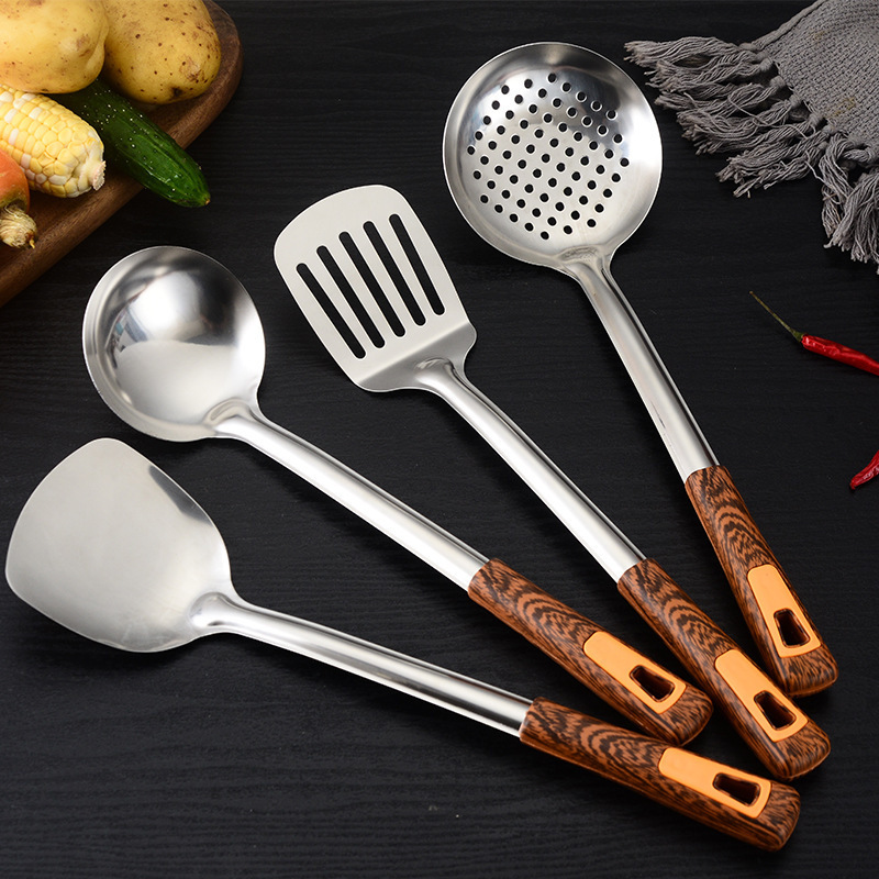 Stainless steel wooden handle spatula kitchenware set soup spoon and strainer spatula cooking set household kitchen utensils