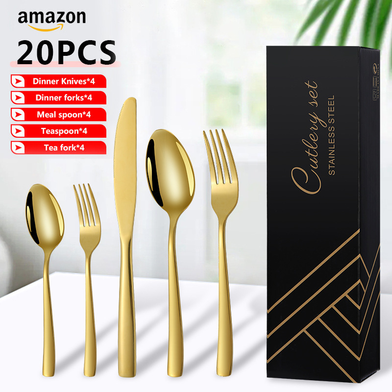 High quality Stainless steel gold matter 20pcs gold cutlery Set knife fork and spoon set for 4 people party flatware dinner set