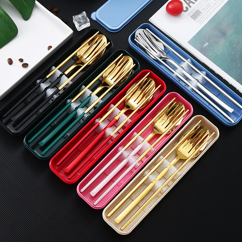 Portable stainless steel 3pcs cutlery utensils knife fork spoon black silverware set in case portable travel camping cutlery set