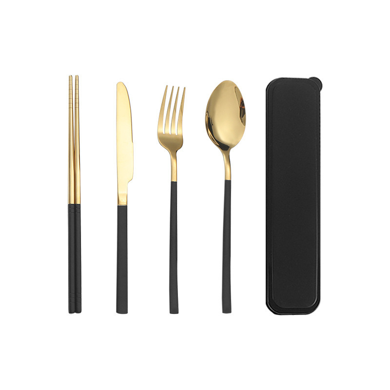 Portable stainless steel 3pcs cutlery utensils knife fork spoon black silverware set in case portable travel camping cutlery set