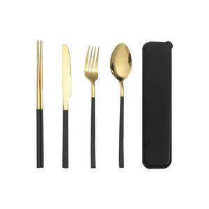 Portable stainless steel 3pcs cutlery utensils knife fork spoon black silverware set in case portable travel camping cutlery set