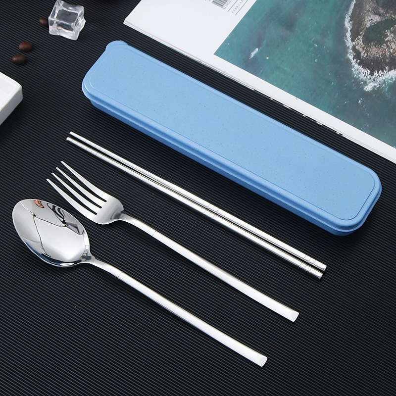 Portable stainless steel 3pcs cutlery utensils knife fork spoon black silverware set in case portable travel camping cutlery set