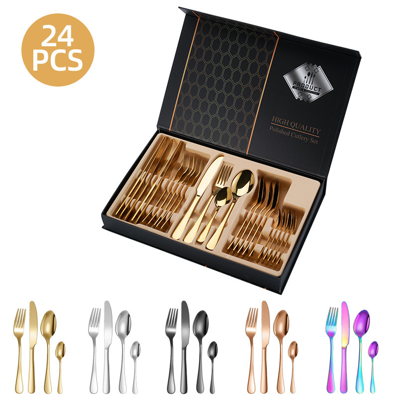 Stainless steel steak knife, fork spoon 24pcs set flatware 6 people 1010 matte gold cutlery gift box set Factory metal tableware