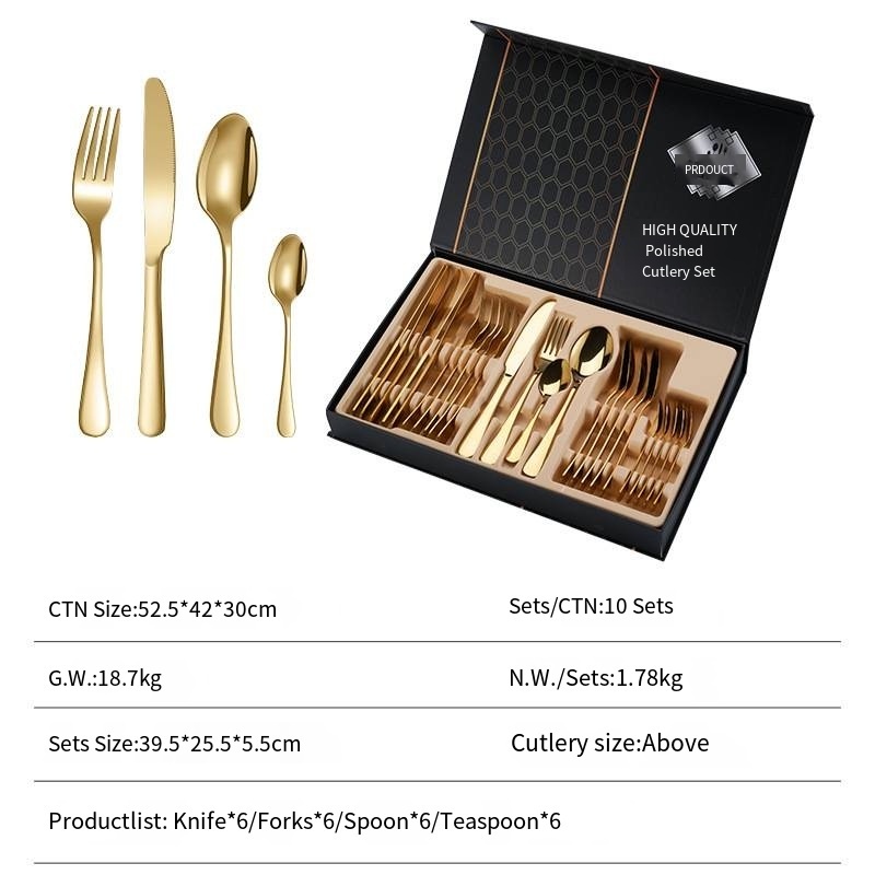 Stainless steel steak knife, fork spoon 24pcs set flatware 6 people 1010 matte gold cutlery gift box set Factory metal tableware