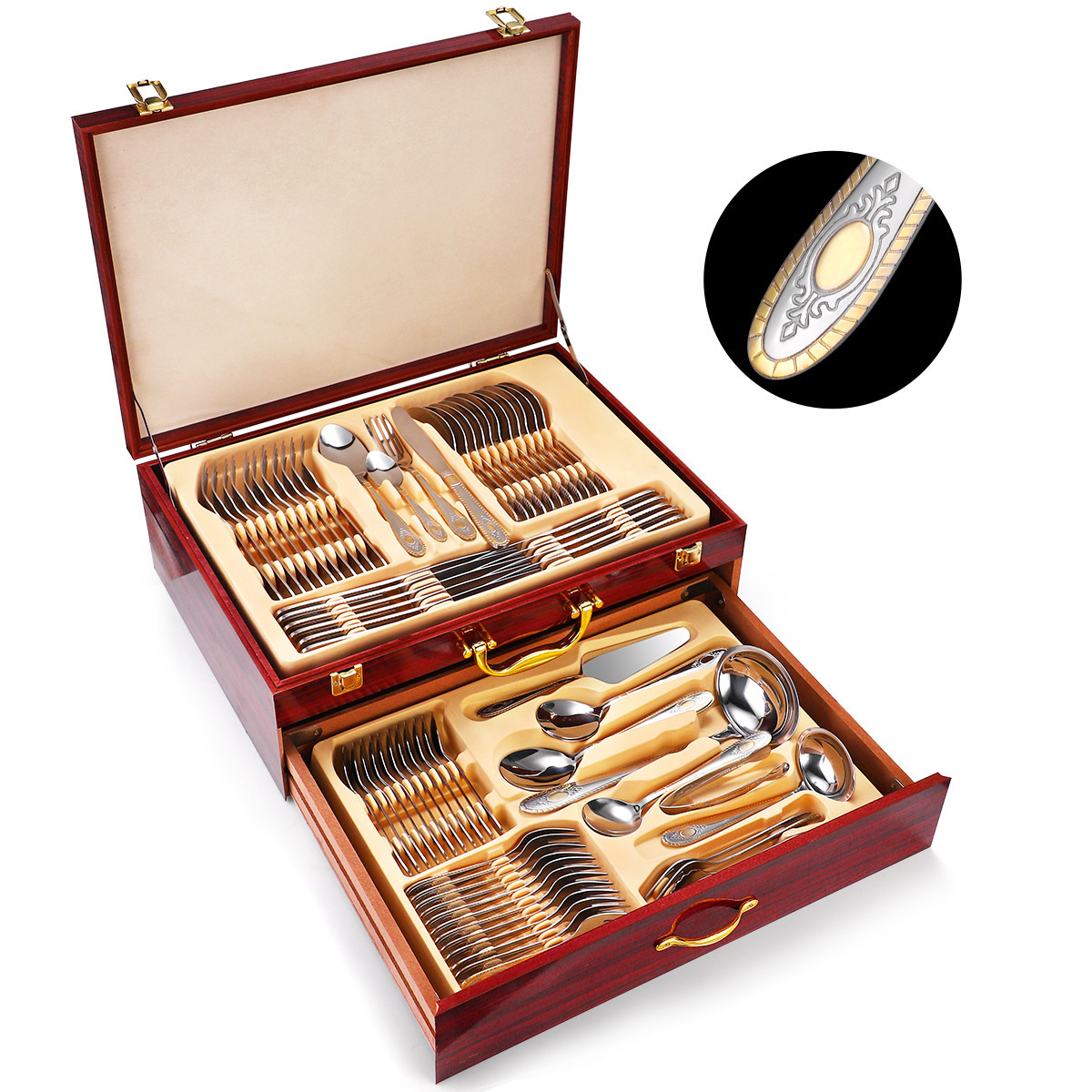 Russian flatware Set 72pcs set 84pcs gold stainless steel knife, fork, spoon service supplies cutlery set in suitcase