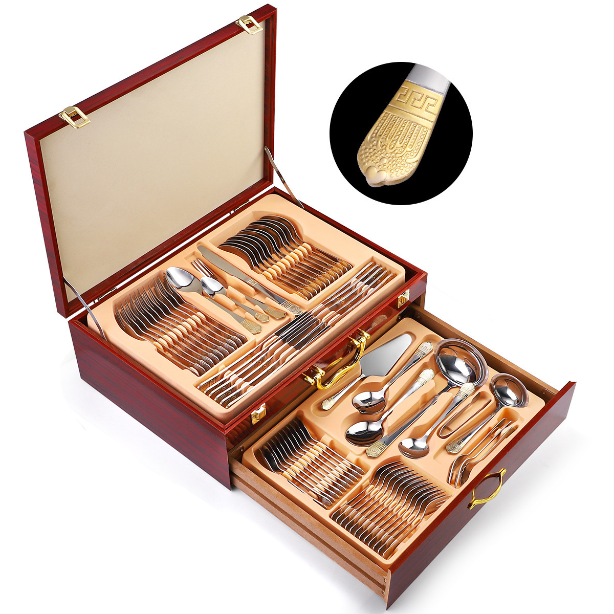 Russian flatware Set 72pcs set 84pcs gold stainless steel knife, fork, spoon service supplies cutlery set in suitcase