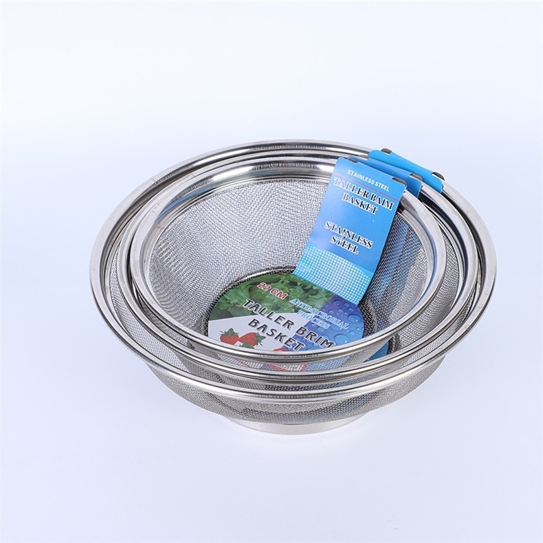 Household kitchen stainless steel net basket washing rice basket Fine mesh high edge fruit and vegetable basket 22/25/28CM