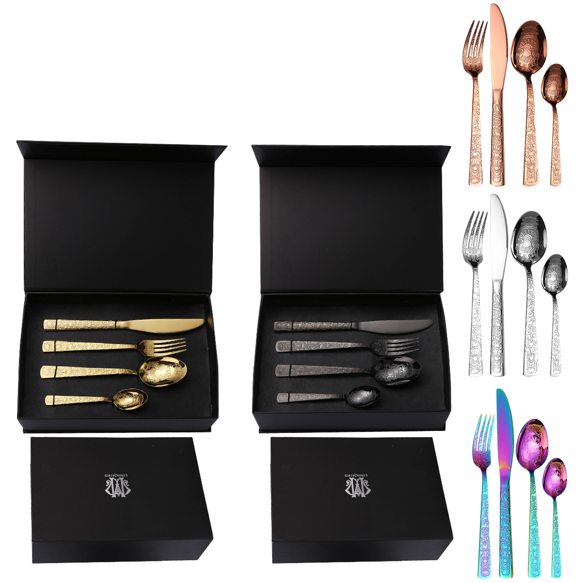 Luxury high quality stainless steel dessert spoon fork set knife matt black gold cutlery set 12 people 24pcs holder for wedding