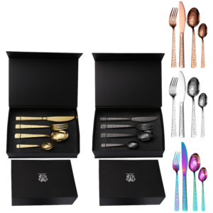 Luxury high quality stainless steel dessert spoon fork set knife matt black gold cutlery set 12 people 24pcs holder for wedding