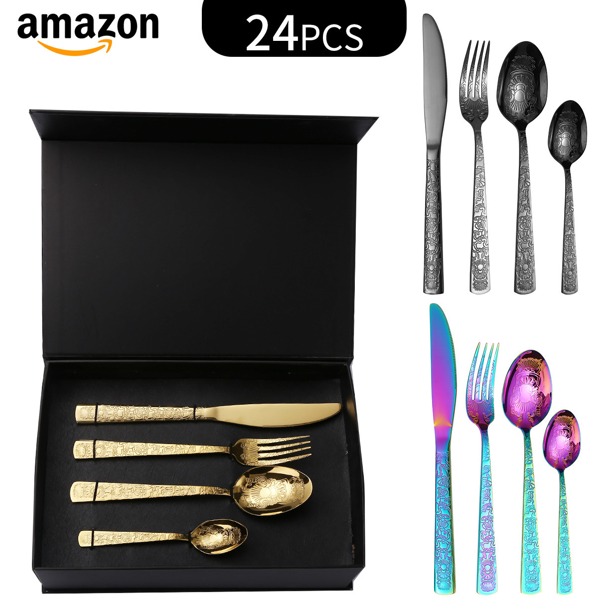 Luxury high quality stainless steel dessert spoon fork set knife matt black gold cutlery set 12 people 24pcs holder for wedding