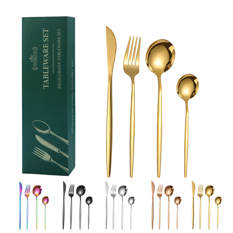 Portugal Stainless Steel 24pcs Suitcase Western Silverware Fork and Spoon 6 Flatware People Luxury Matte Black Gold Cutlery Set