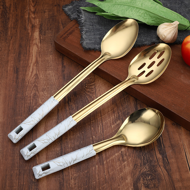 Elegant stainless steel kitchenware Household kitchen spatula frying  kitchenware Cooking Colander soup spoon 7pcs set